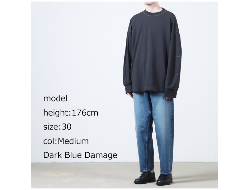 CIOTA() New Wide Tapered 5 Pocket Pants - Medium Dark Blue Damage