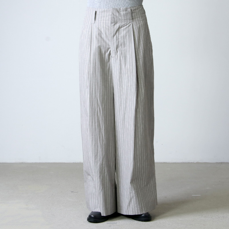 unfil (アンフィル) striped cotton snd silkpoplin wide leg trousers / コットンシルク